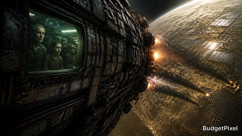 Rusted spaceship exterior with crew peering through a window during a space battle near a massive orbital station.