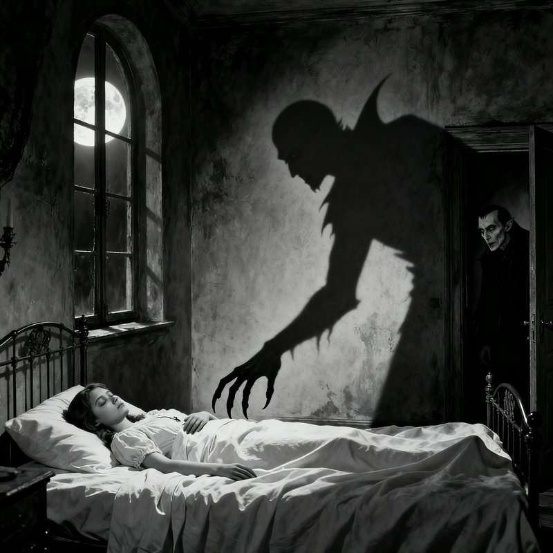 Girl asleep in a bed as a shadow demon looms on the wall; a pale vampire stands in the doorway.