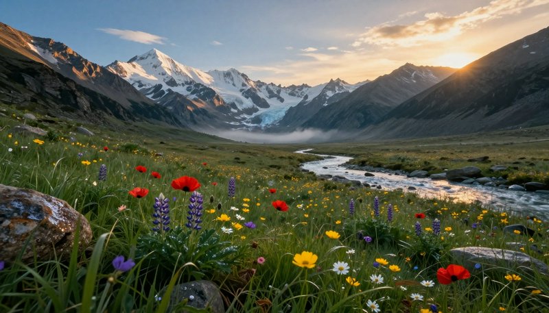 Alpine valley with wildflowers, stream, and snow-capped peaks at sunrise.