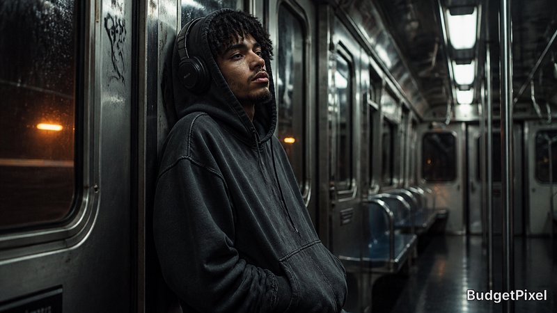 Young man in a hoodie with headphones leaning against a subway car interior at night.