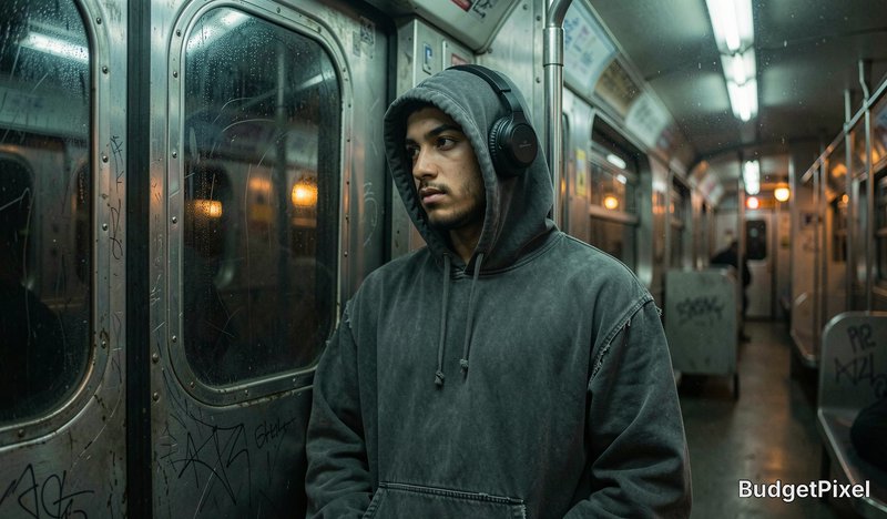 Young man wearing a gray hoodie and headphones on a graffiti-covered subway car at night.