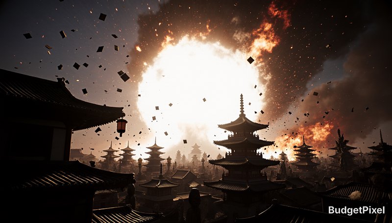 Huge explosion behind a skyline of Asian pagodas at dusk with flames and smoke.