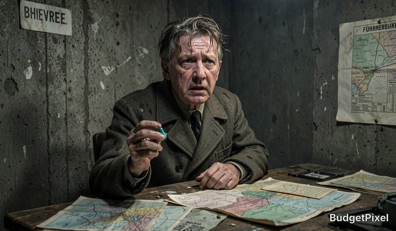 A weary detective in a trench coat studies maps at a cluttered table in a dim, weathered room.