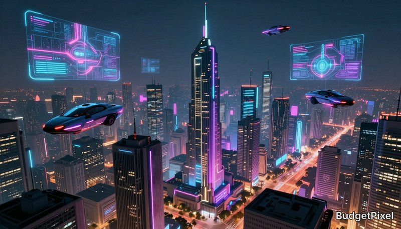 Futuristic neon-lit cityscape at night with flying cars and holographic displays above skyscrapers.