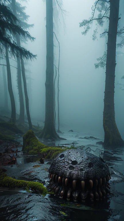 A foggy forest scene with a giant, toothy carnivorous plant-like creature resting on wet ground.