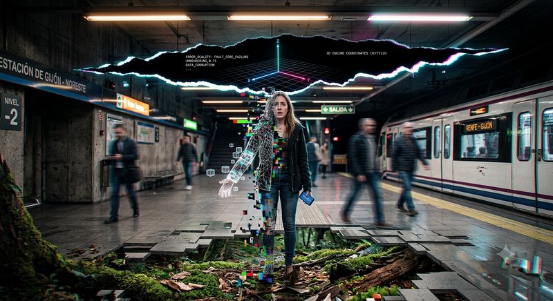 Surreal glitch art: pixelating woman stands on cracked metro platform where reality breaks open to mossy forest below