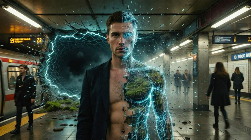 Surreal portrait of a man split between human and glowing wireframe form, standing before an energy portal in a subway