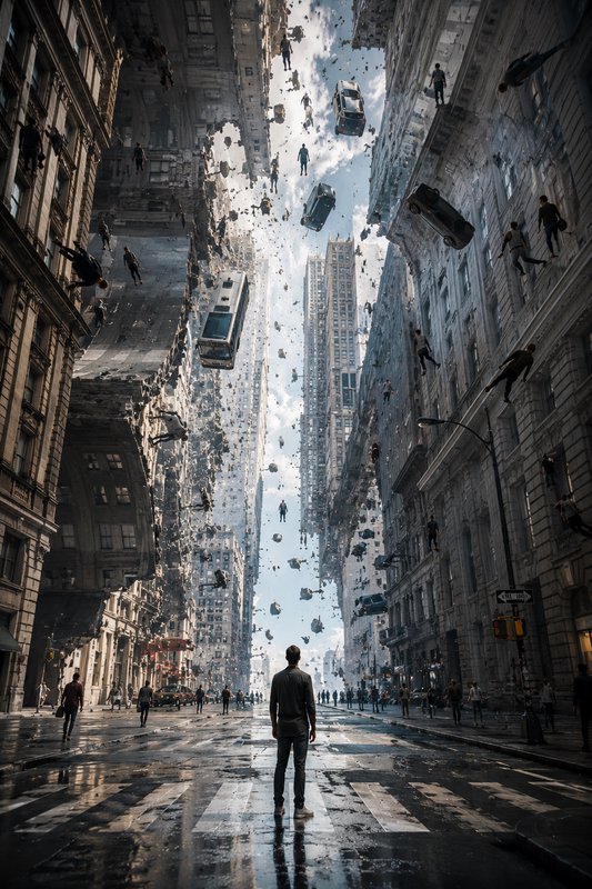 Surreal gravity warp scene: a lone man stands on a wet city street as buildings, people, and cars float upward toward a