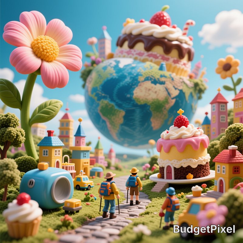 Whimsical clay diorama of a candy fantasy village, hikers on a stone path, giant floating globe and cake buildings