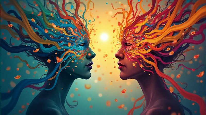 [Surreal fantasy portrait of two ornately masked ethereal figures facing each other, with swirling tendril hair and a glow...