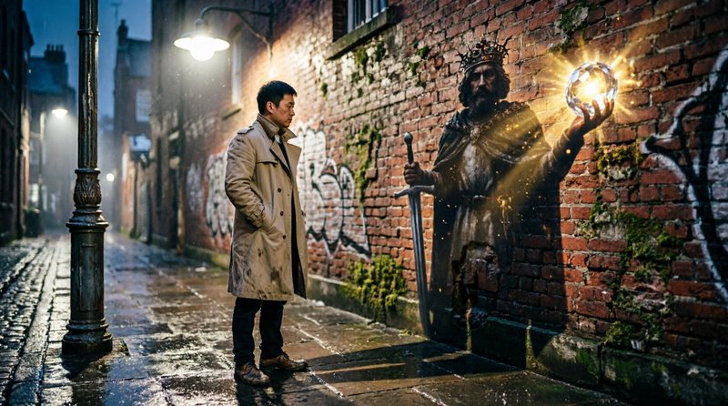 Man in a tan trench coat faces a fantasy king emerging from a brick wall holding a glowing orb on a misty cobblestone alley.