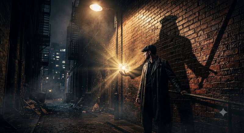 Hardboiled noir detective holds glowing orb in misty night alley, casting crucifixion shadow on brick wall