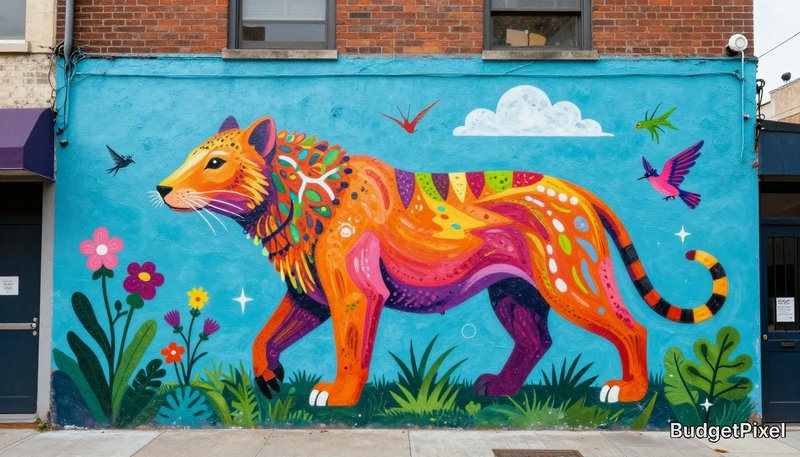 Colorful folk art mural of a stylized rainbow big cat, flowers, and birds painted on a bright blue urban building wall