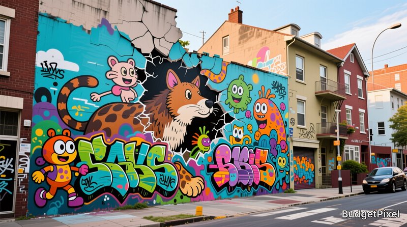 Vibrant colorful graffiti mural with playful cartoon characters bursting through a cracked building wall on a sunny