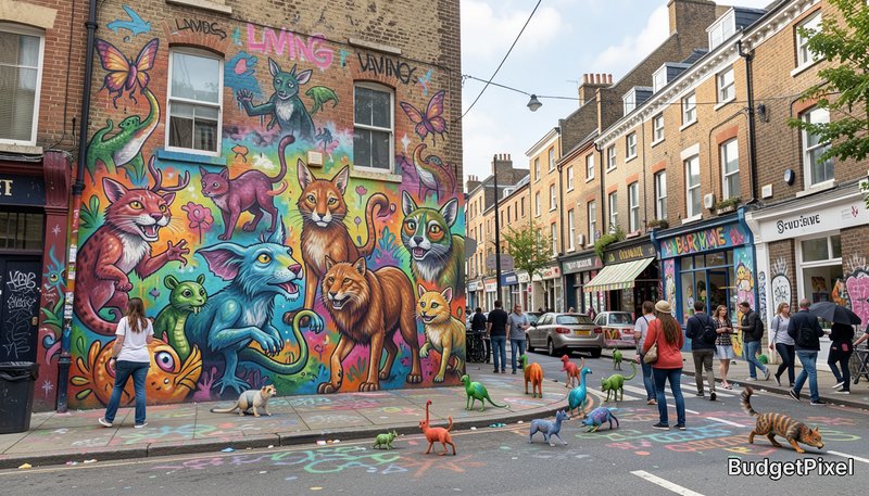 Vibrant surreal street art mural of fantasy hybrid animals, with matching 3D creature sculptures on a busy city street.