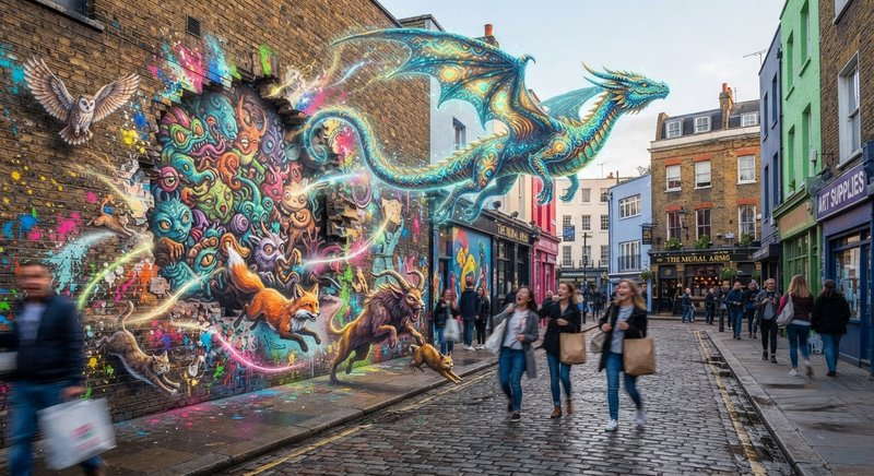 3D fantasy street art mural with glowing dragon and magical creatures bursting from a brick wall on a busy cobblestone