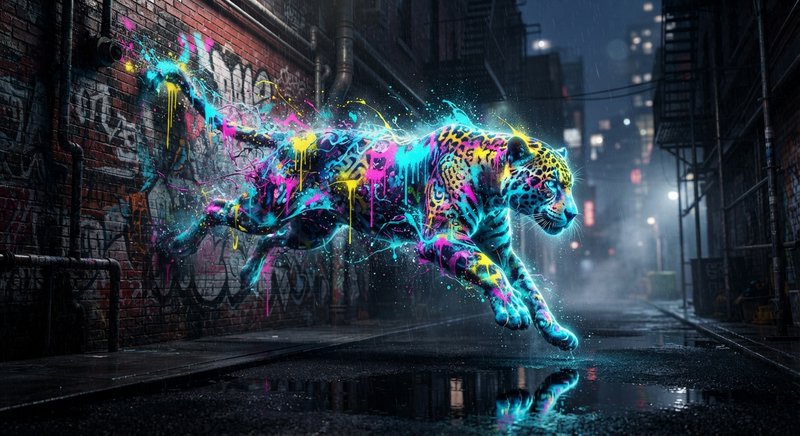 Glowing neon graffiti jaguar leaps mid-air above wet pavement in a dark rainy urban city alley at night