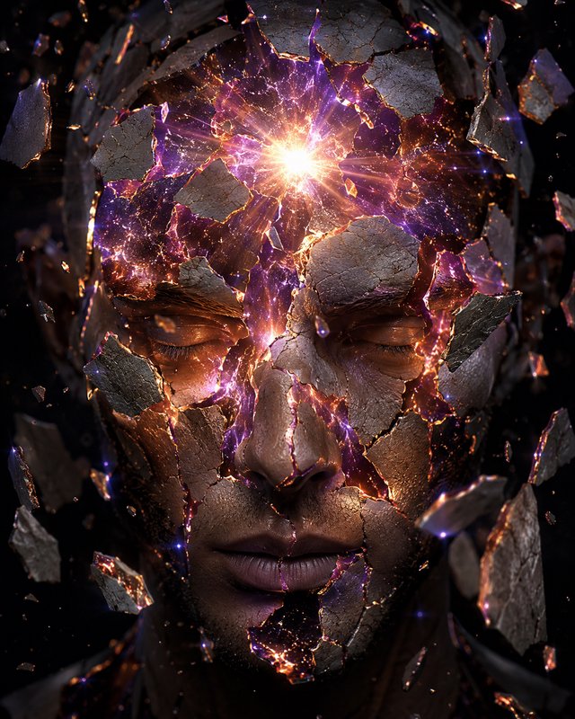 [Surreal close-up of a shattering stone human face, with glowing purple and golden starburst light erupting from within cl...