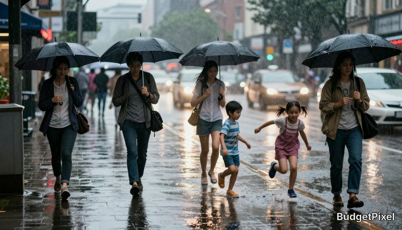 Pedestrians with black umbrellas walk on a rainy city sidewalk, as two young children splash playfully in puddles.