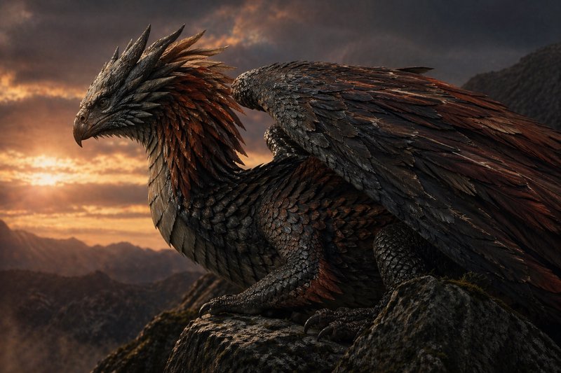 [Majestic feathered dragon griffin hybrid perched on a rocky mountain peak under a dramatic stormy sunset sky]