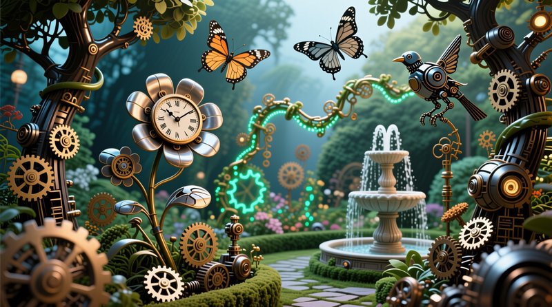 Whimsical steampunk enchanted garden with mechanical flora, clock flower, robotic bird, butterflies and stone fountain