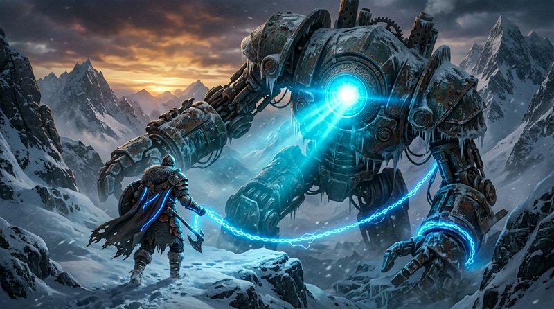 Armored viking warrior restrains a giant frost-covered steampunk mech with glowing blue energy in a snowy mountain pass