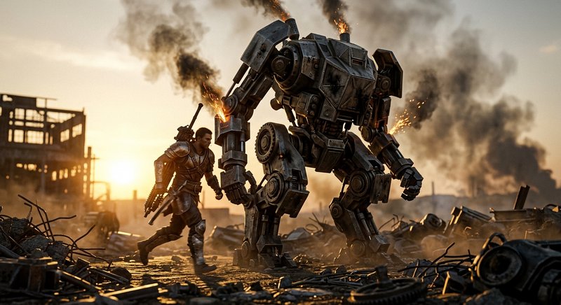 Armored warrior walks alongside a smoking battle-damaged giant mech through post-apocalyptic ruins at golden sunset