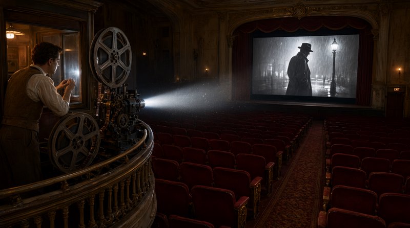 Projectionist operates vintage reel-to-reel film projector in an empty ornate historic theater, projecting a film noir sce...