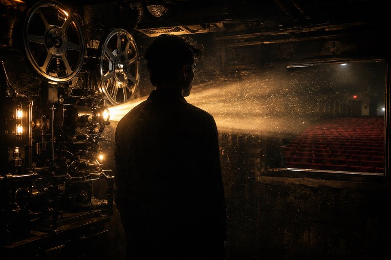 Silhouetted projectionist stands beside a vintage film projector casting warm golden light into an empty old theater.
