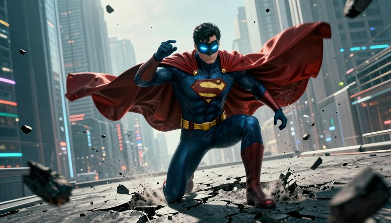 Futuristic Superman with glowing blue eye mask kneels on a cracked city rooftop, billowing red cape, floating impact