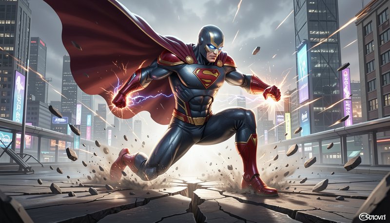 Armored Superman-inspired superhero lands powerfully, crackling energy from fists, on a cracked rooftop above a stormy