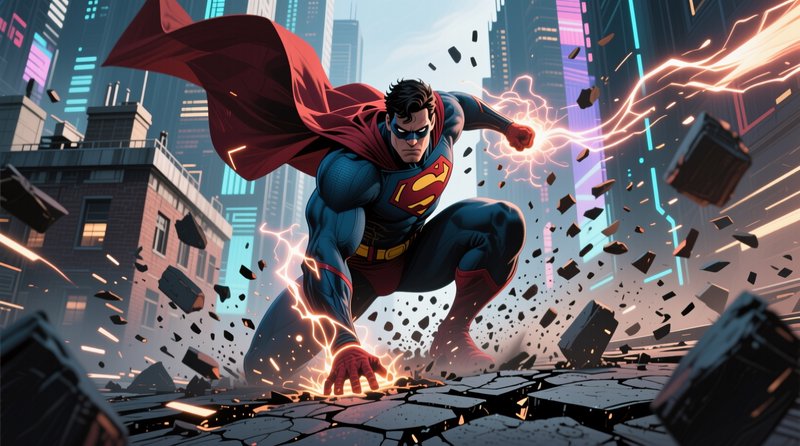 Powerful Superman crouches in a dramatic landing pose on a cracked futuristic city street, glowing energy sparking from