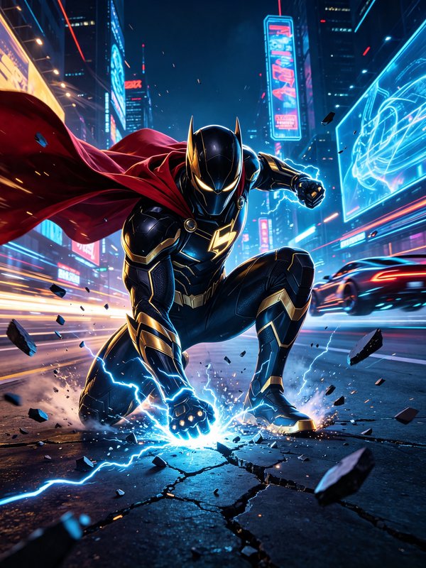 [Armored caped superhero strikes a landing pose, crackling lightning from his fist, on a shattered neon cyberpunk city str...