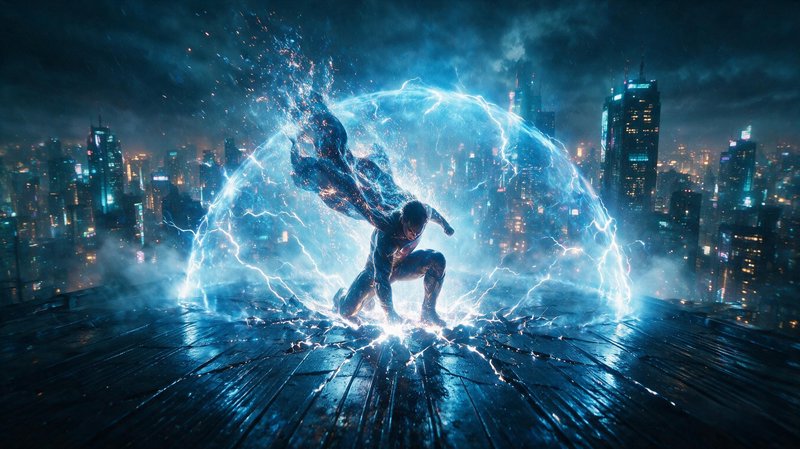 Caped superhero strikes a dramatic landing pose on a rainy night rooftop, surrounded by glowing arcing blue energy