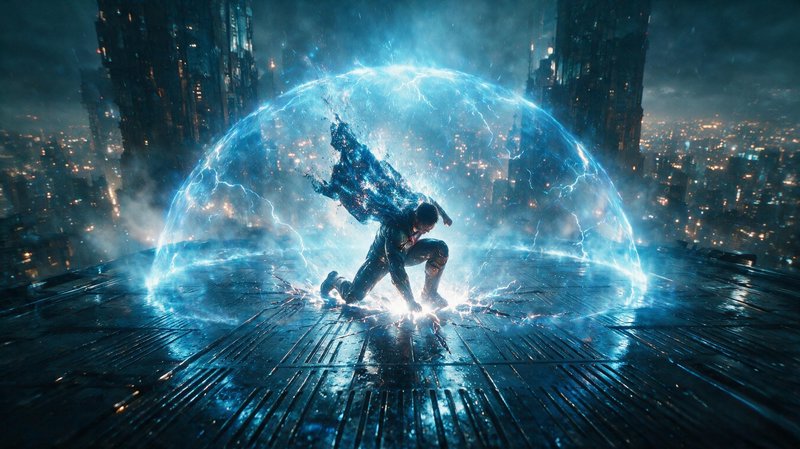 Superhero kneels on wet skyscraper rooftop, summoning a glowing blue lightning energy shield over a rainy night city skyline.
