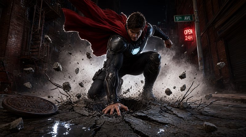 Superhero in armored suit with flowing red cape lands forcefully, cracking paved city alley street at night.