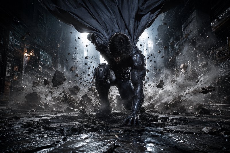 [Armored caped dark superhero lands powerfully, kneeling on wet rubble-strewn city street as debris explodes around his im...