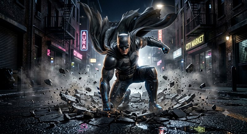 Armored Batman lands forcefully, shattering wet Gotham alley pavement, billowing tattered cape, flying debris under