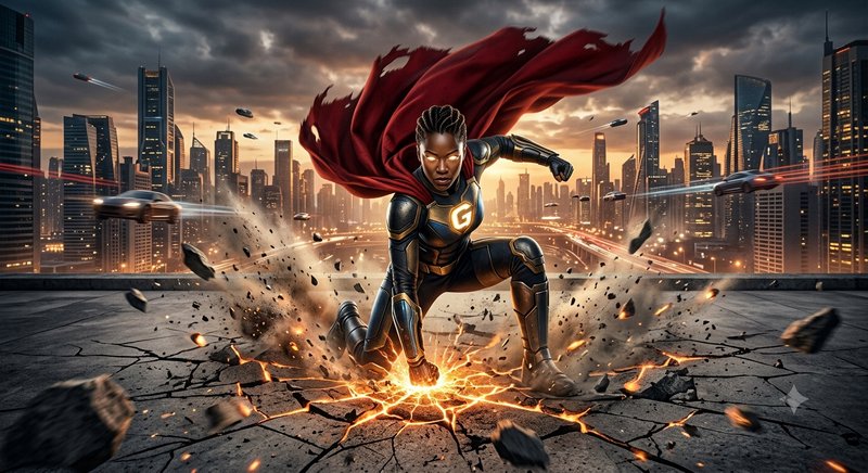 Powerful Black female superhero landing forcefully on a cracked rooftop, glowing eyes, billowing tattered red cape