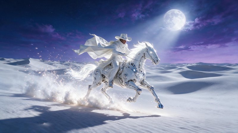 Futuristic white cowboy riding a chrome robotic horse galloping across pale desert dunes under a glowing full moon night sky