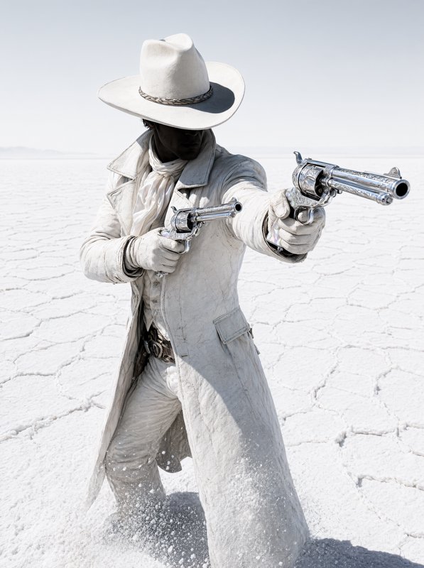 All-white gunslinger cowboy aims two engraved silver revolvers while standing on a cracked sunlit salt flat