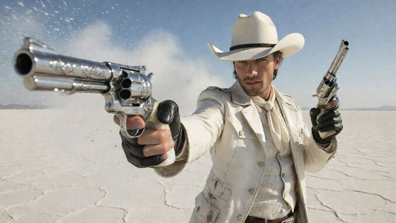 Gunslinger in white cowboy attire aims two engraved silver revolvers while standing on a sunlit white desert salt flat