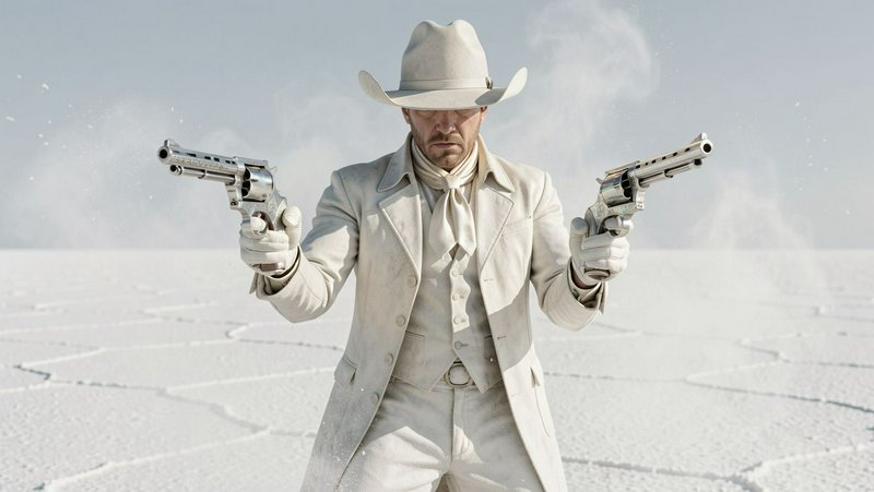 Stoic cowboy in all-white western attire holds two smoking silver revolvers, standing on a vast pale cracked salt flat