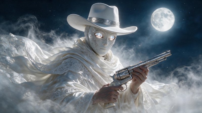[Ethereal masked white cowboy holding engraved silver revolver, standing in mist under a glowing full moon night sky]