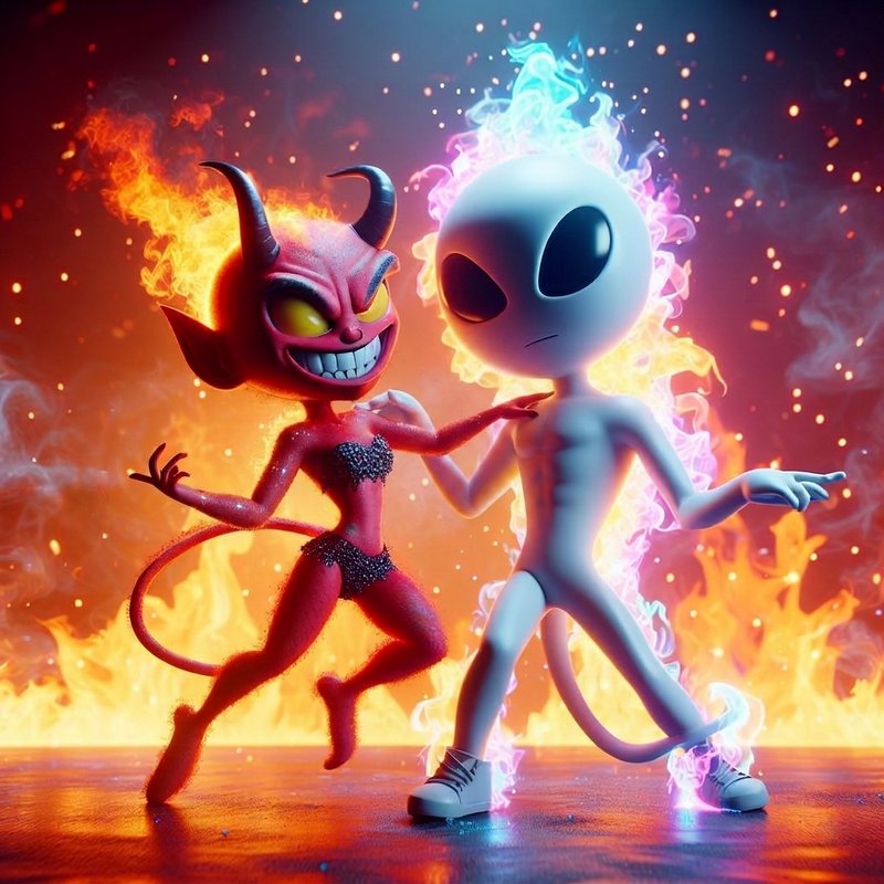 [3D stylized cartoon red she-devil and pale alien dancing together wreathed in colorful gradient fire on a glowing dance f...