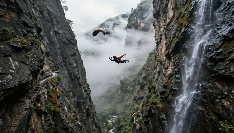 Paraglider soars through a misty steep rocky gorge beside a cascading waterfall and cliffside hiking path.