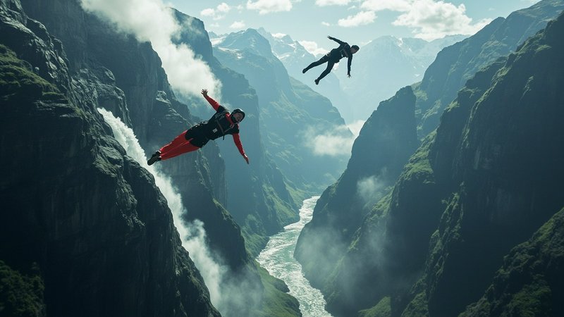 Two base jumpers freefall mid-air above a misty steep mountain canyon with a rushing river and distant snow-capped peaks.