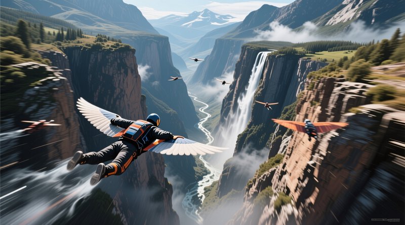 [Group of wing suit flyers glide at speed through a steep mountain canyon beside a tall cascading waterfall.]