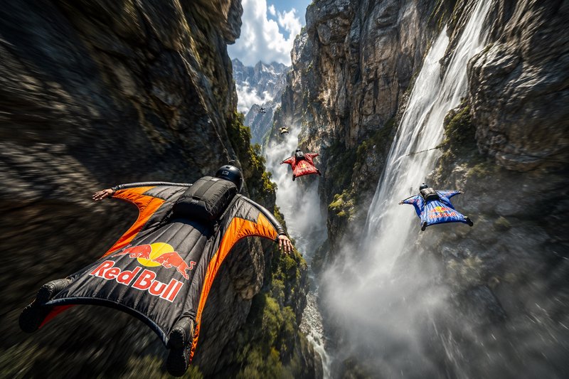 [Red Bull sponsored wingsuit flyers glide at high speed through a steep rocky mountain canyon next to a cascading waterfall]