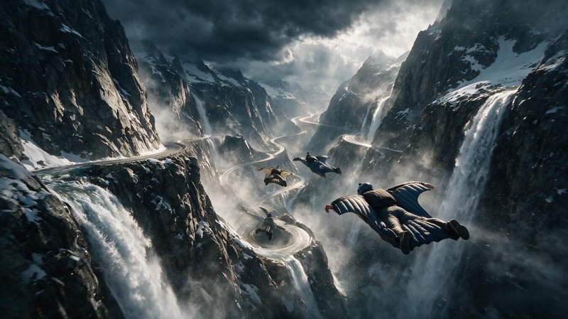 Group of wingsuit flyers gliding through a dramatic rocky mountain canyon with waterfalls and stormy overhead skies.